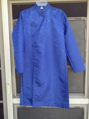 Men's Royal Blue Mandarin Collar Long Coat